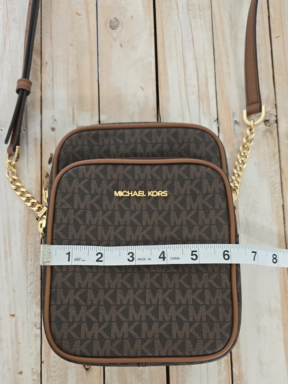 Michael Kors Jet Set Travel Medium Crossbody Flight Bag Brown Signature Gold HW